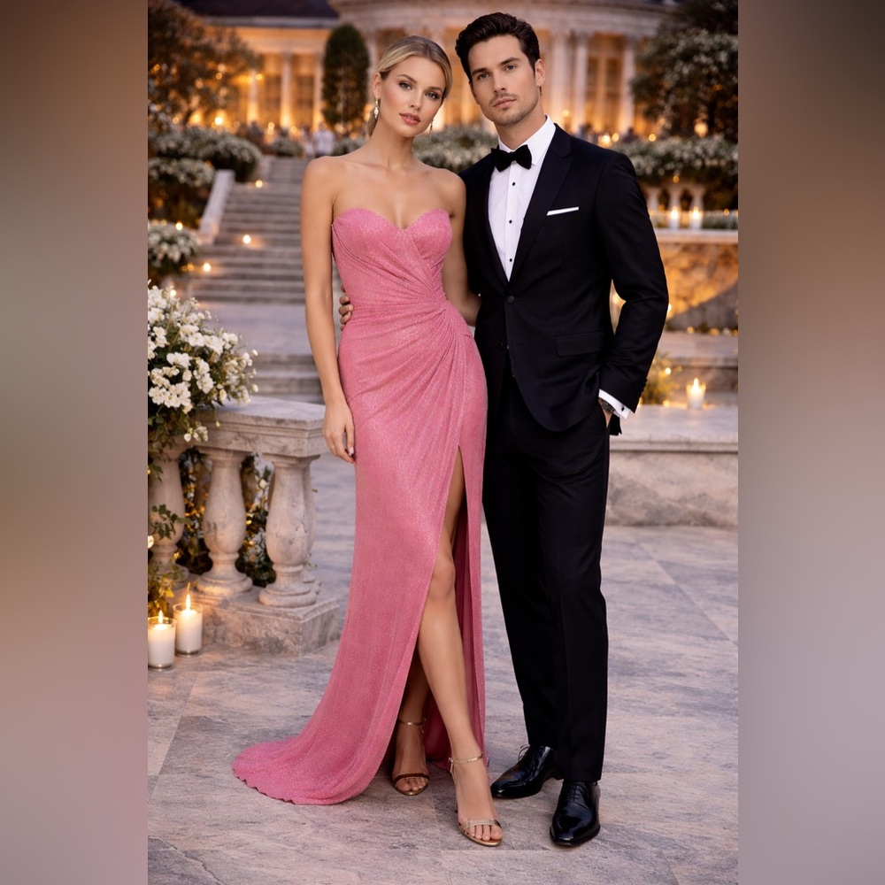 Rhea Costa Evening Gown Strapless Flamingo Pink NWT